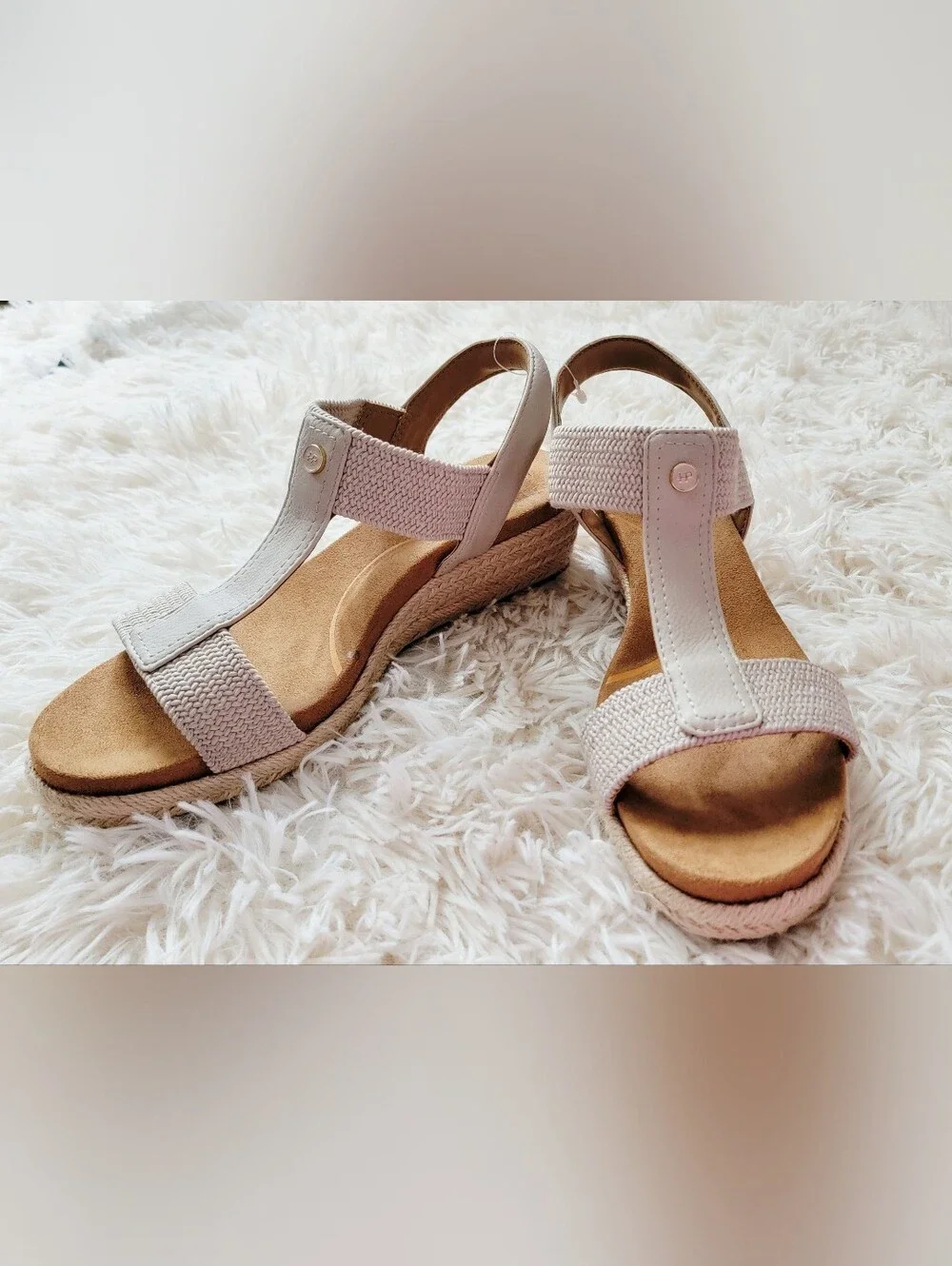 New Hush Puppies Neutral Woven T-Strap Wedge Sandals - Women